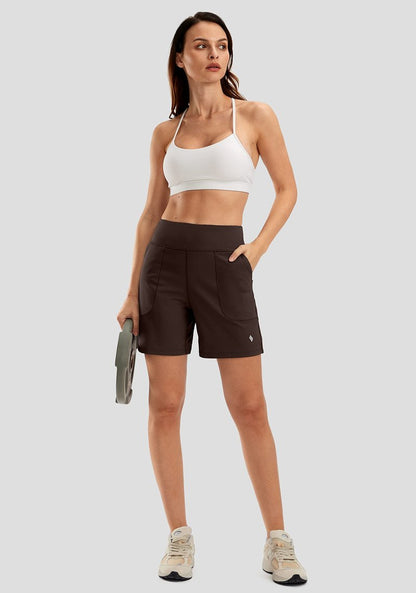 SANTINY Women's 6'' Athletic Long Shorts with 4 Pockets High Waisted Bermuda Shorts for Women Walking Running Casual (Brown_XL)