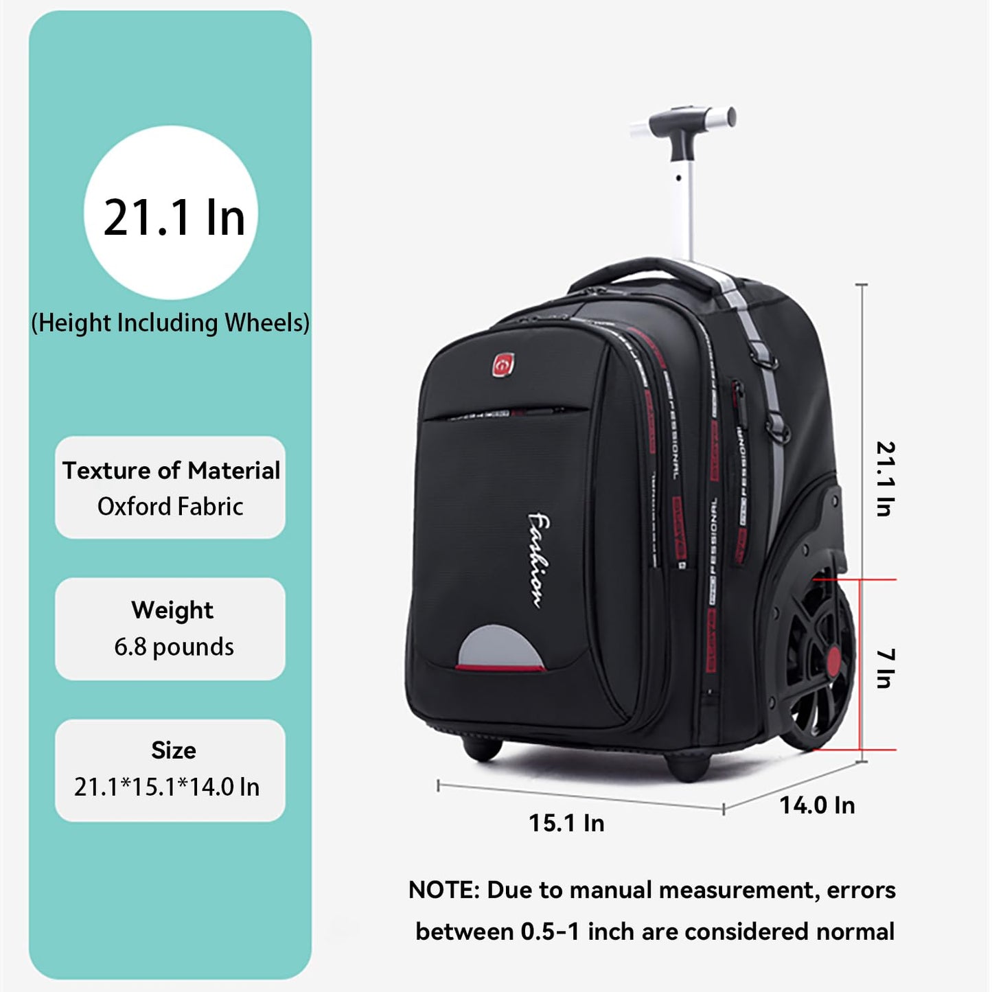 WMHYLYH Waterproof Rolling Backpack for Women and Men, Laptop Backpack with Wheels for Adults, Carry on Backpack with Large Wheels for Travel and Business Commuter (Black, 22inch)
