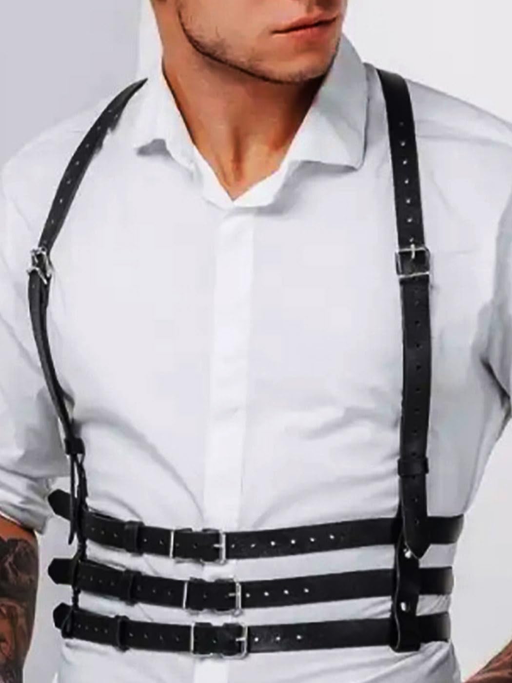 Fstrend Men's Mardi Gras Chest Harness, Faux Leather Shoulder Strap Belt, Black Fashion Rave Outfits Body Accessory