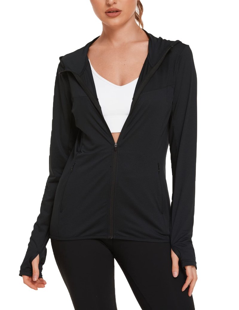 COOrun Women's UPF 50+ Sun Protection Hoodie Jacket Lightweight Full Zip Running Jacket Athletic Workout Top with Thumb Holes Zipper Pockets Black XL