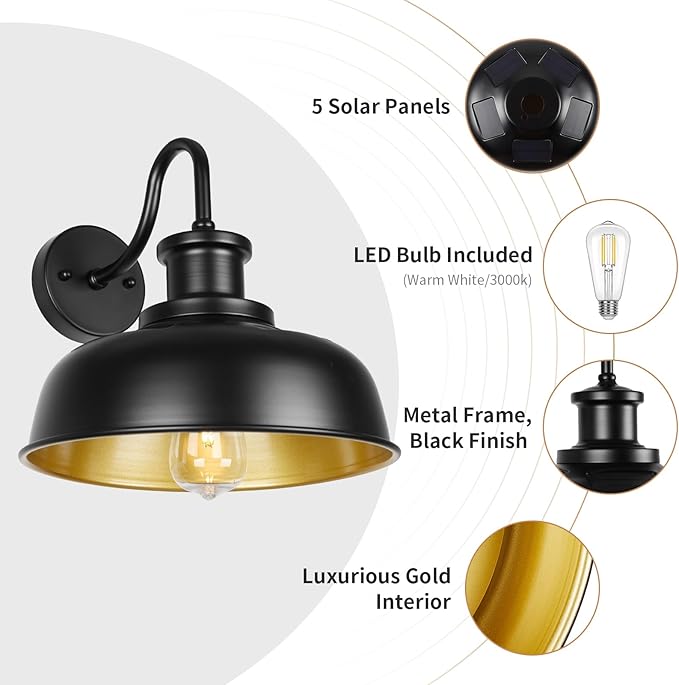 Solar Barn Light for Outside, Gooseneck Outdoor Wall Lights Solar Powered, Farmhouse Exterior Wall Sconce, Industrial Outside Lighting Fixture, Rustic Lantern for Garage, Barn, Shed, RZSR007 BK