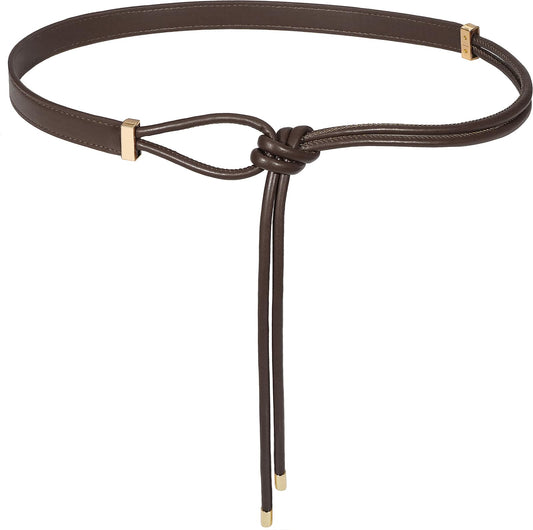 JUXCOKO Women's Knotted Thin Waist Belt PU Leather Skinny Belts for Dresses Pants(Coffee)