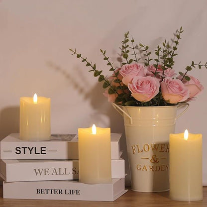 NURADA Outdoor Flameless Candles with Remote Timer - Waterproof Realistic Flickering LED Pillar Electric Battery Operated Fake Candle for Holiday Home Wedding Fireplace Decor - 3 Pack Ivory