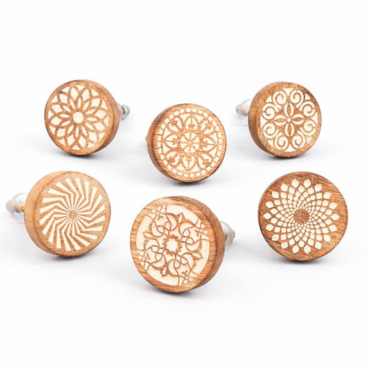 Indian Shelf 6 Pieces Boho Wooden Drawer Knobs - Brown Floral Knobs - Round Cabinet Knobs