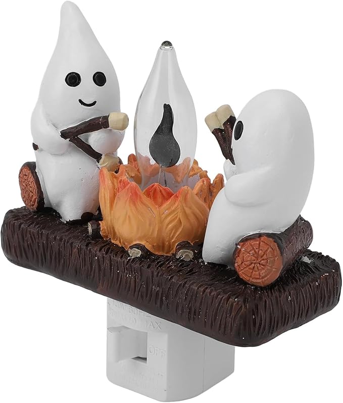 Ghost Campfire Night Light, White Plastic, LED Flickering Flame Effect, Indoor Decorative Wall Plug-in, Spooky Decor for Kids Bedroom