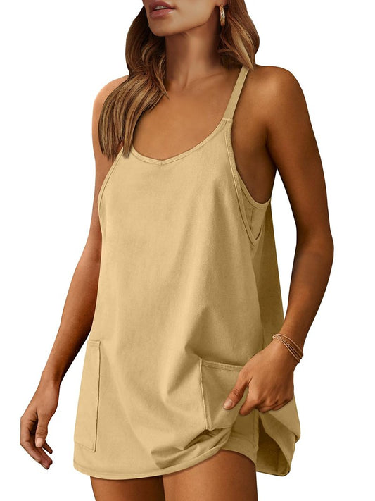 ANRABESS Women Athletic Dress Summer Tennis Workout Active Sports Mini Romper Dress Built in Shorts Travel Vacation Clothes Light Yellow Small