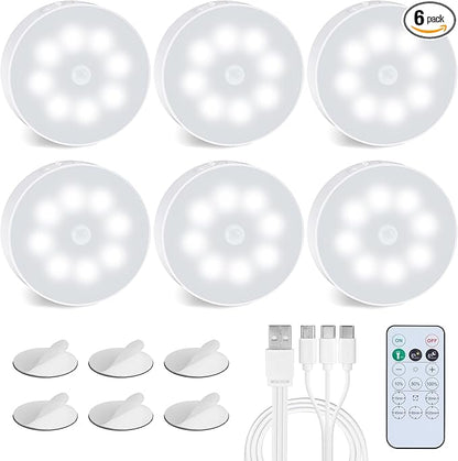 EverBrite 6 Pack Puck Lights with Remote, Wireless Closet and Under Cabinet Lights, Rechargeable Motion Sensor, Dimmable, Timable, Magnetic Attract - for Closet, Drawer, Stair, Bedroom