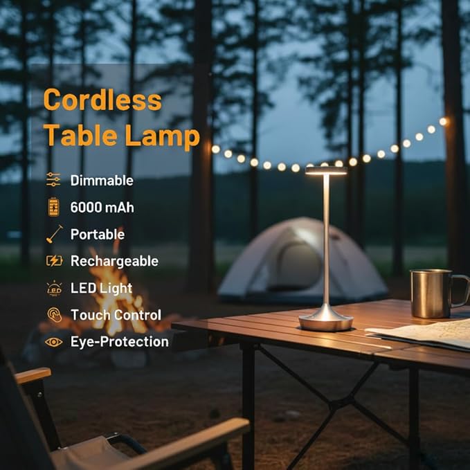Cordless Table Lamp Rechargeable - 6000mAh LED Battery Operated Table Light - Portable Touch Dimmable Outdoor Waterproof Table Lamps for Patio Bar Restaurant Dining (2 Silver)