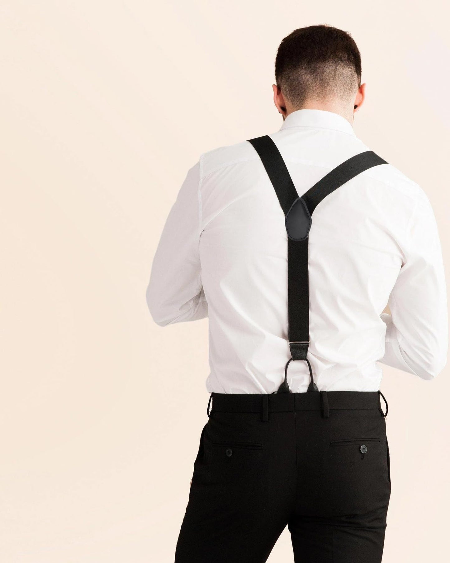 Kajeer Mens Adjustable Button End Suspenders - Y-Back Elastic Tuxedo Suspenders with Heavy Duty Leather Buttons End (Black)