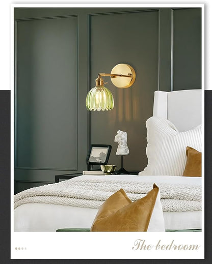 Plug in and Hardwired Wall Sconces, Luxury Vintage Tulip Crystal Glass Shade Wall Light with Switch for Bedside Bedroom Living Room (Tulip-Green, 2)