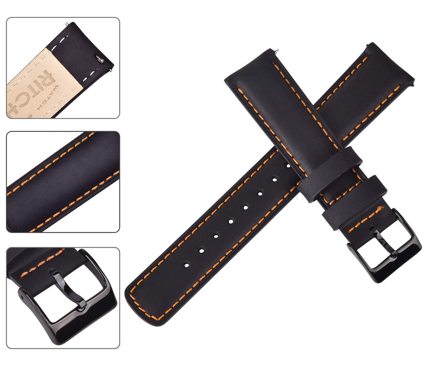 Ritche Christmas Gift 18mm Watch Band Compatible with Timex Expedition Fossil Seiko Leather Watch Bands for Men Women Black Watch Strap Orange Stitching, White Elephant Gifts, Stocking Stuffers for Men, Father's Day gifts