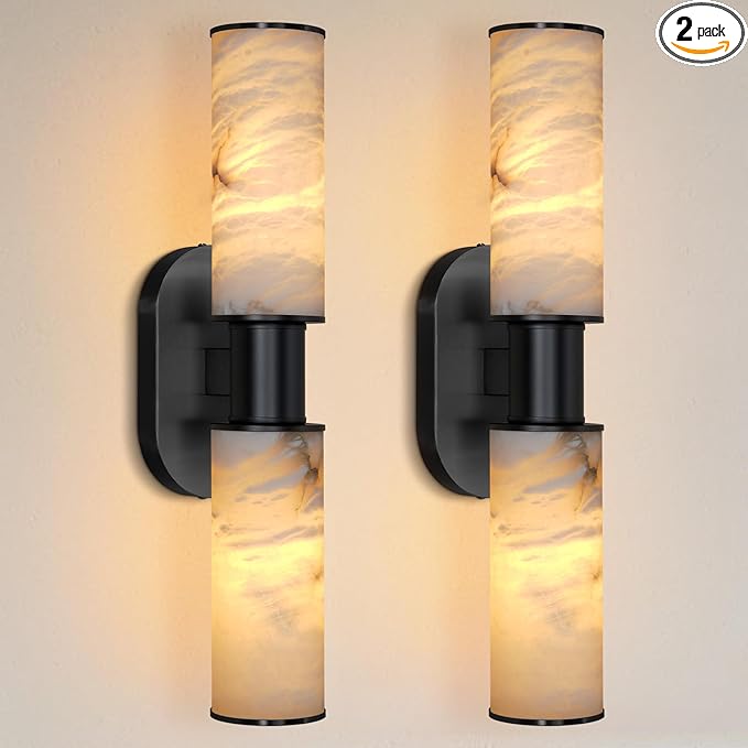 22.2" Alabaster Wall Sconce Set of 2, Black Bathroom Wall Sconce, Spanish Natural Marble Sconces Modern Wall Lights Lamps for Bedroom Living Room Stairs Indoor Hallway Vanity, Black