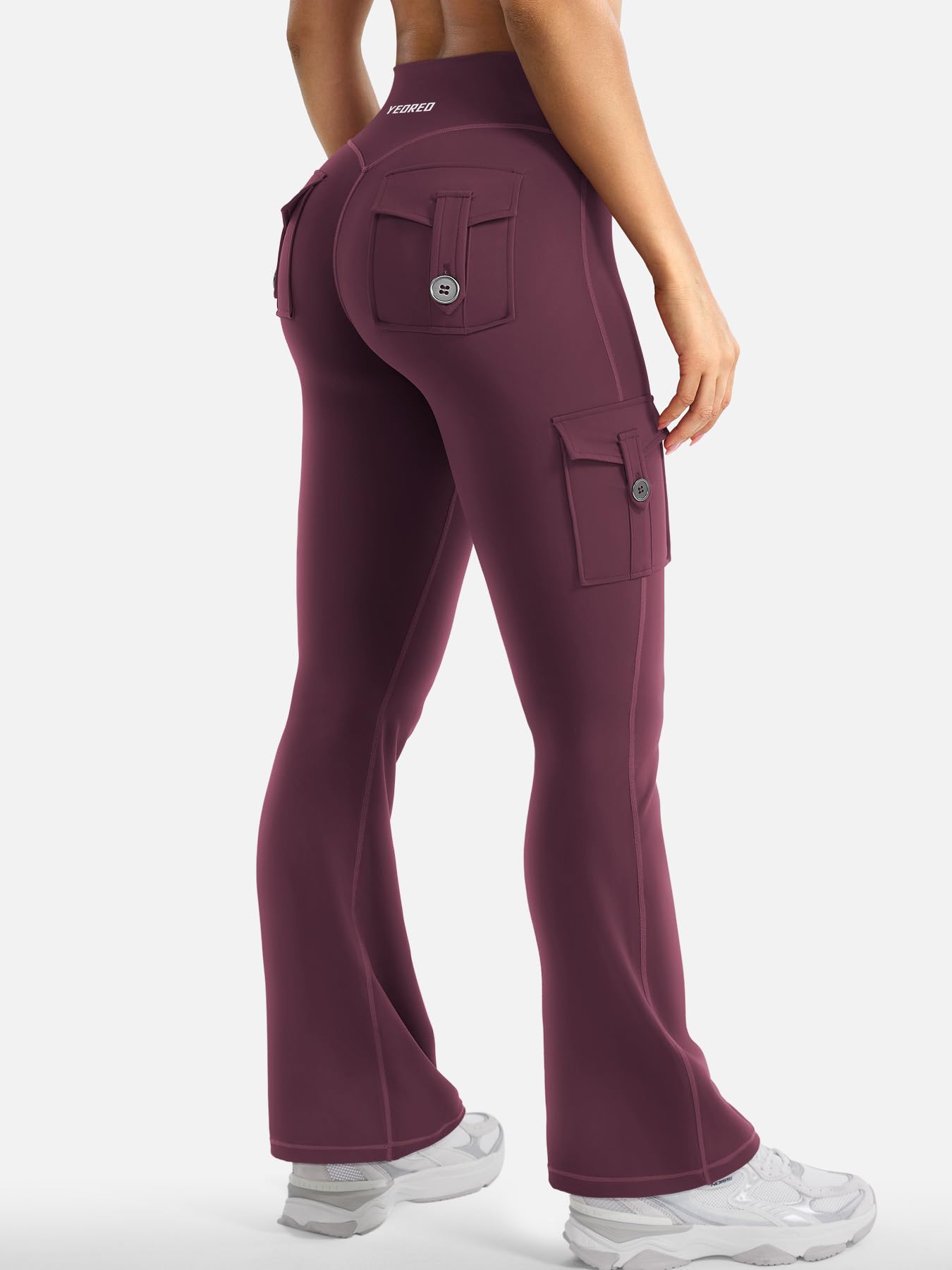 YEOREO CoreFlex Women Workout Flare Leggings with Pockets Scrunch Cargo Gym Yoga Leggings Black Cherry M