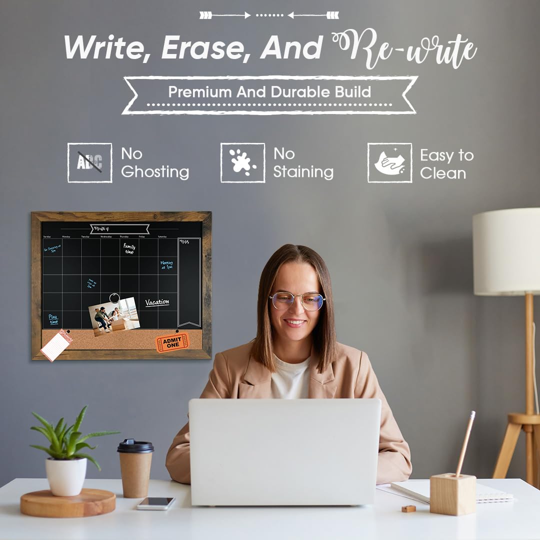 Loddie Doddie Chalkboard Calendar & Bulletin Combo - 18" x 24" Rustic Frame, with Chalk Markers, Push-Pins, Magnets, Blackboard - Kitchen Wall Calendar Organizer