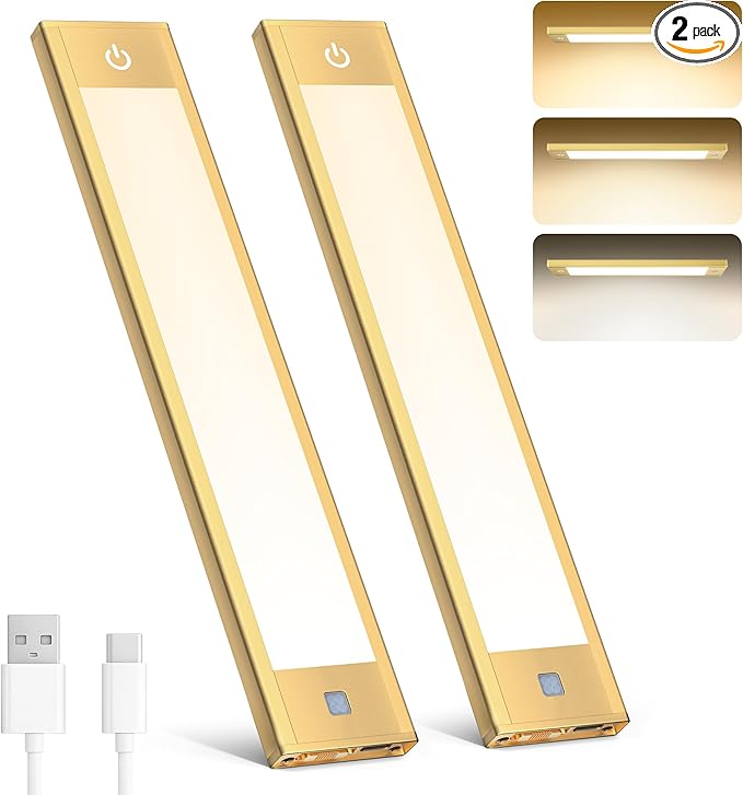 Rechargeable Under Cabinet Lighting, Motion Sensor Wireless Night Light, Dimmable, CCT Adjutable, Magnetic Mount for Kitchen, Closet, Bedroom, Reading, Ambience (Gold, 2 Pack, 9 in)