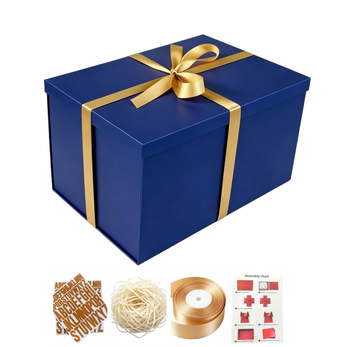 BoxSkivra Extra Large Gift Box 17x11x10.2 Inches，Blue Gift Box with Lid for Christmas，Anniversary，Birthday，Luxury Boxes with Crinkle Paper，Ribbon，Alphabet Stickers
