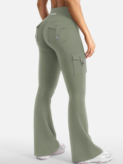 YEOREO CoreFlex Women Workout Flare Leggings with Pockets Hidden Scrunch High Waisted Cargo Gym Yoga Leggings Light Army Green M