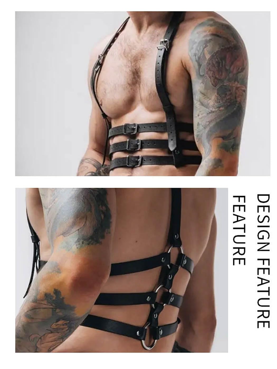 Fstrend Men's Mardi Gras Chest Harness, Faux Leather Shoulder Strap Belt, Black Fashion Rave Outfits Body Accessory