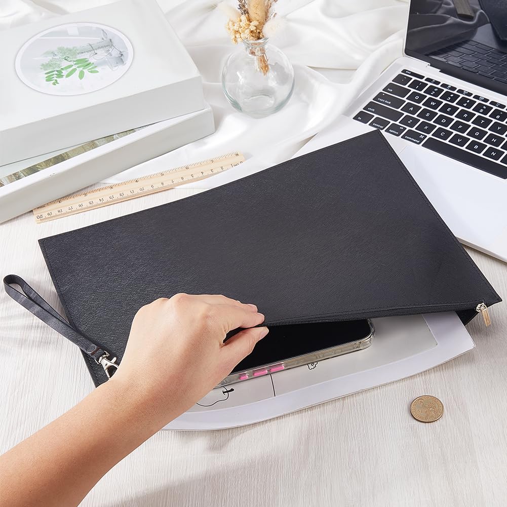 CALFOVERA A4 PU Leather File Holder with Removable Hand Strap Black Thin Document Folder Waterproof Portfolio Filing Zipper Pocket Oragnizer Bag Case for Receipt Contract Stationery Tablet