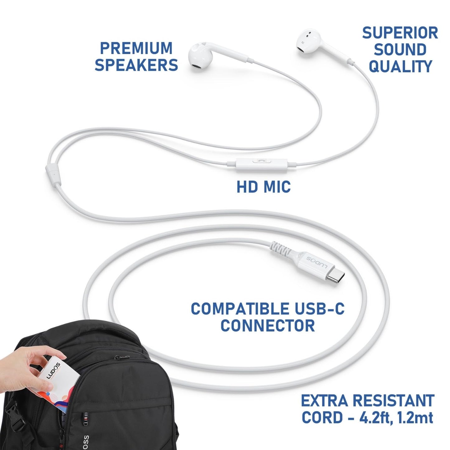 LUDOS Zenith USB C Headphones for iPhone 17 16 15 Pro Max Plus Air iPad Pro Air, 2 Years Warranty, USB-C Earbuds for Samsung Galaxy S24 S23 Ultra S22 S21 S20 A55 A54 A53, USB Type C Earphones - White