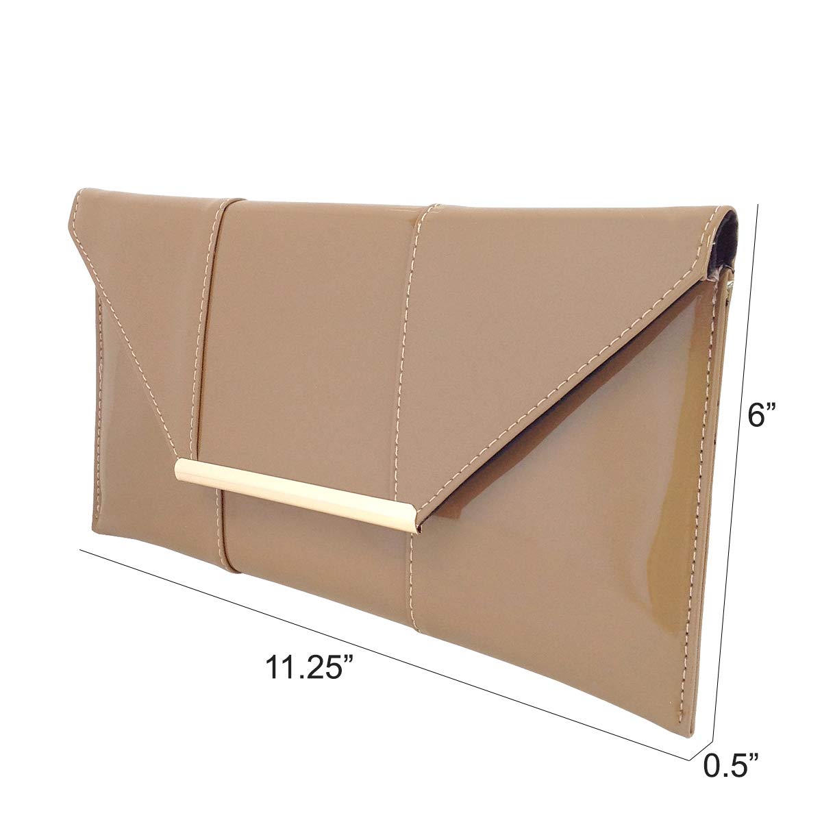JNB Faux Patent Leather Envelope Clutch Purse for Women, Candy Evening Bag with Detachable Gold Chain Strap, Snap Closure, Zipper Pocket, Slim Formal Handbag, Taupe