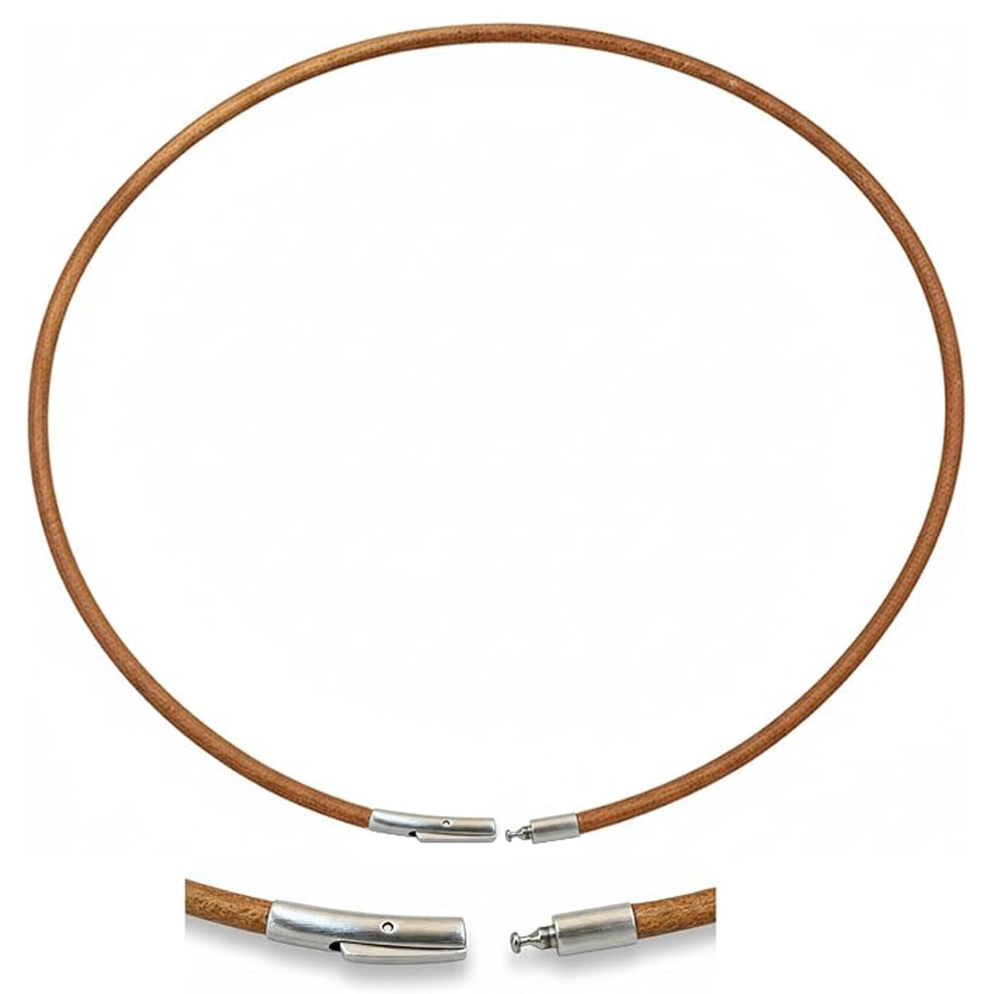 Leporem Minimalist Genuine Brown Leather Cord Necklace Pendant Holder Hypoallergenic Stainless Steel Push-Lock Clasp Wrap Bracelet (18 Inch)
