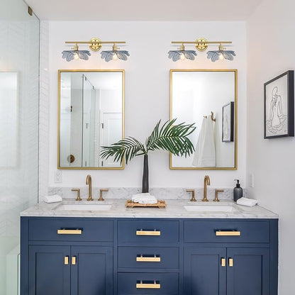 2 light bathroom vanity light gold brass wall sconce with Blue Flower Glass Shade mid century wall light vintage wall sconce art deco Bathroom Lights Over Mirror for Bedroom Hallway Living Room