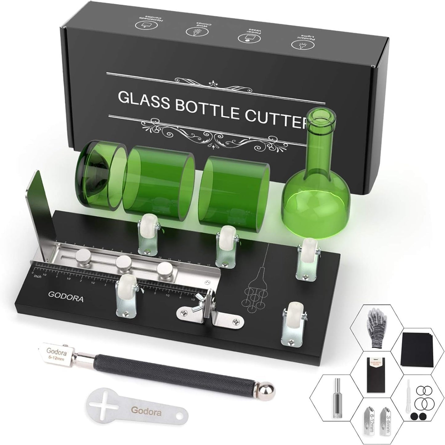 Godora Glass Bottle Cutter, Upgraded Glass Cutter for Bottles & Glass Cutter Bundle - DIY Machine for Cutting Wine, Beer or Soda Round Bottles & Mason Jars, Perfect Score Bottle Cutter