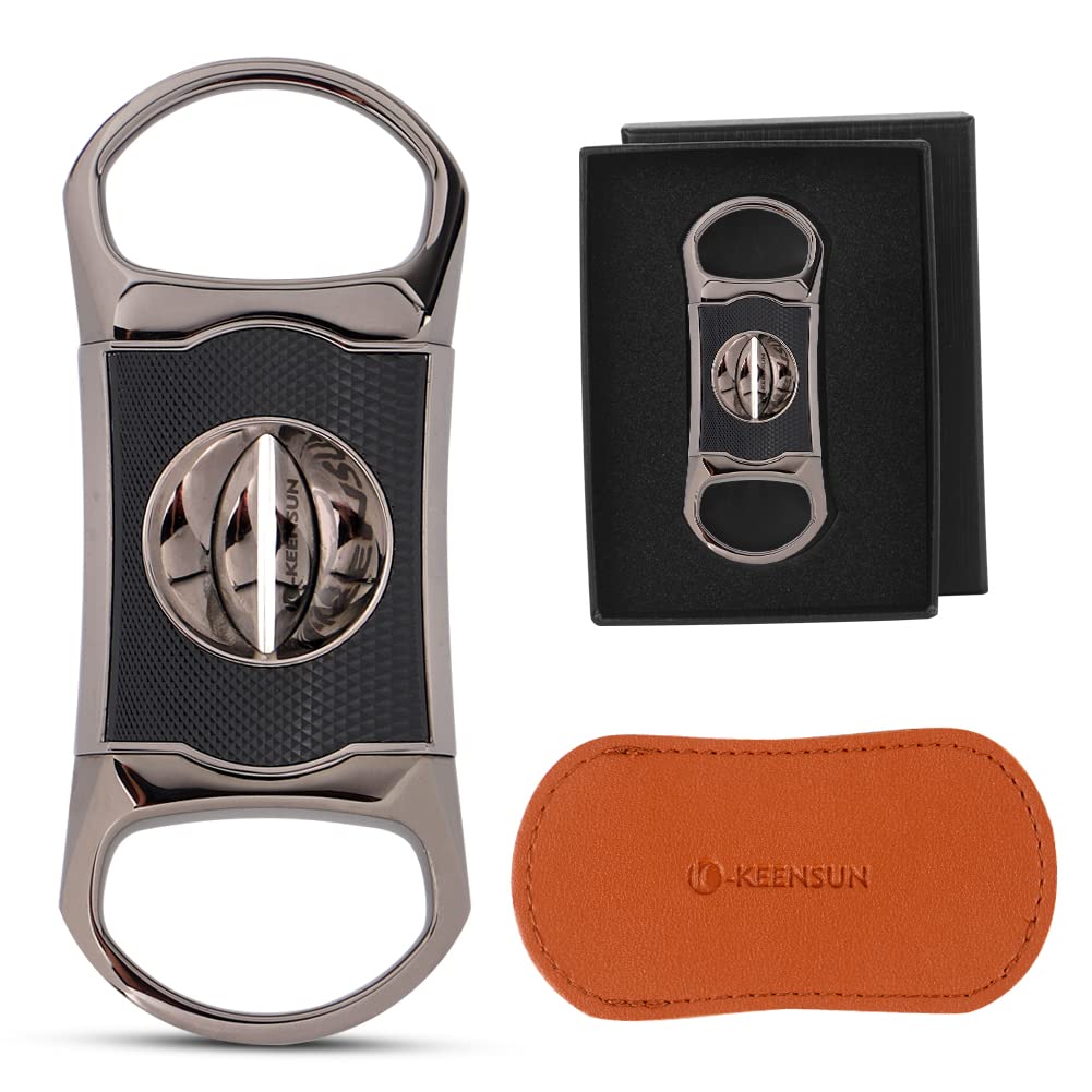 KEENSUN Zinc Alloy V-Cut Cigar Cutter (Gun Color and Black CNC Engraved Diamond Shell), 60 Ring Gauge, Stainless Steel Cut Blade with Leather Case and Gift Box