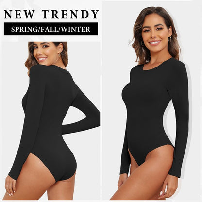BALENNZ Long Sleeve Bodysuits Pack Brown Long Sleeve Bodysuit Round Neck Black Bodysuit Pack Fall White Body Suit Womens Bodysuit Tops 4BS