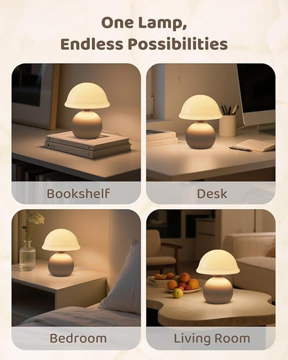 Mushroom Lamp Bedside Table Lamp for Bedroom, Cute Small Lamps with Glass Lampshade, Nightstand Lamp with Dimmer for Living Room Kitchen Apartments Offices Desk Shelves (White)