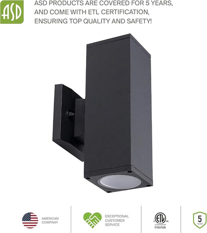 ASD 2 Light Square Outdoor Wall Light Fixture | 120W E26 Socket 120V ETL Cylinder Up Down Lights | LED/CFL/Incandescent Bulb Exterior Wall Sconce | Front Door, Porch, Patio Lighting | Black