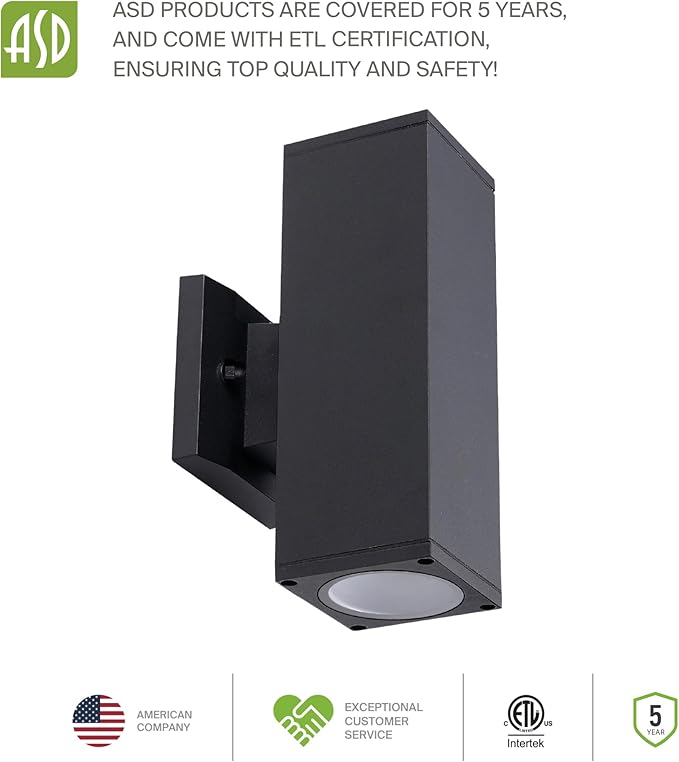 ASD 2 Light Square Dusk to Dawn Outdoor Wall Light Fixture | 120W E26 Bulb Socket 120V ETL Cylinder Up Down Lights | LED/CFL/Incandescent Bulb Wall Sconce | Front Door, Porch, Patio | Black, 2 Pack