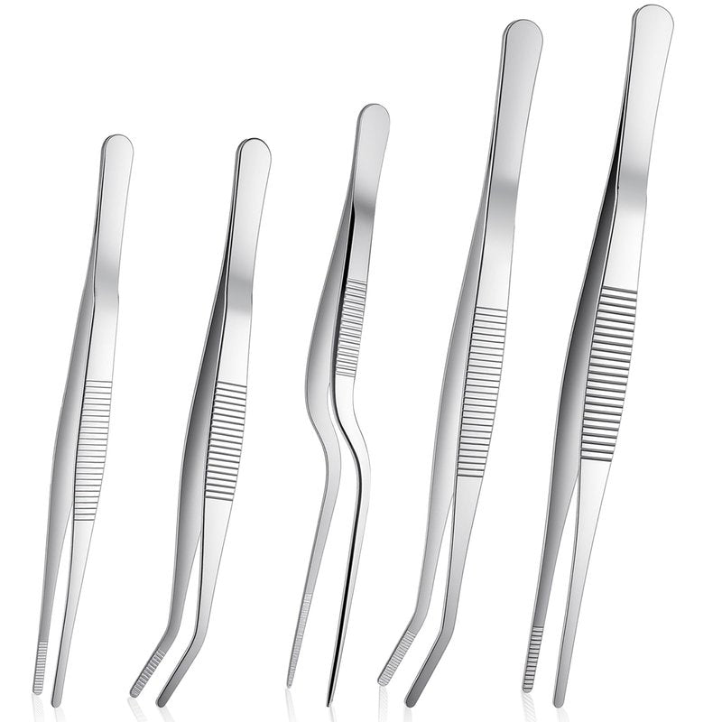 Stainless Steel Tweezers Set, 5Pcs Food Tweezers Precision Tweezer for Cooking Repairing Jewelry-Making DIY Craft Baking Cake Decoration Small Gardening (Silver)