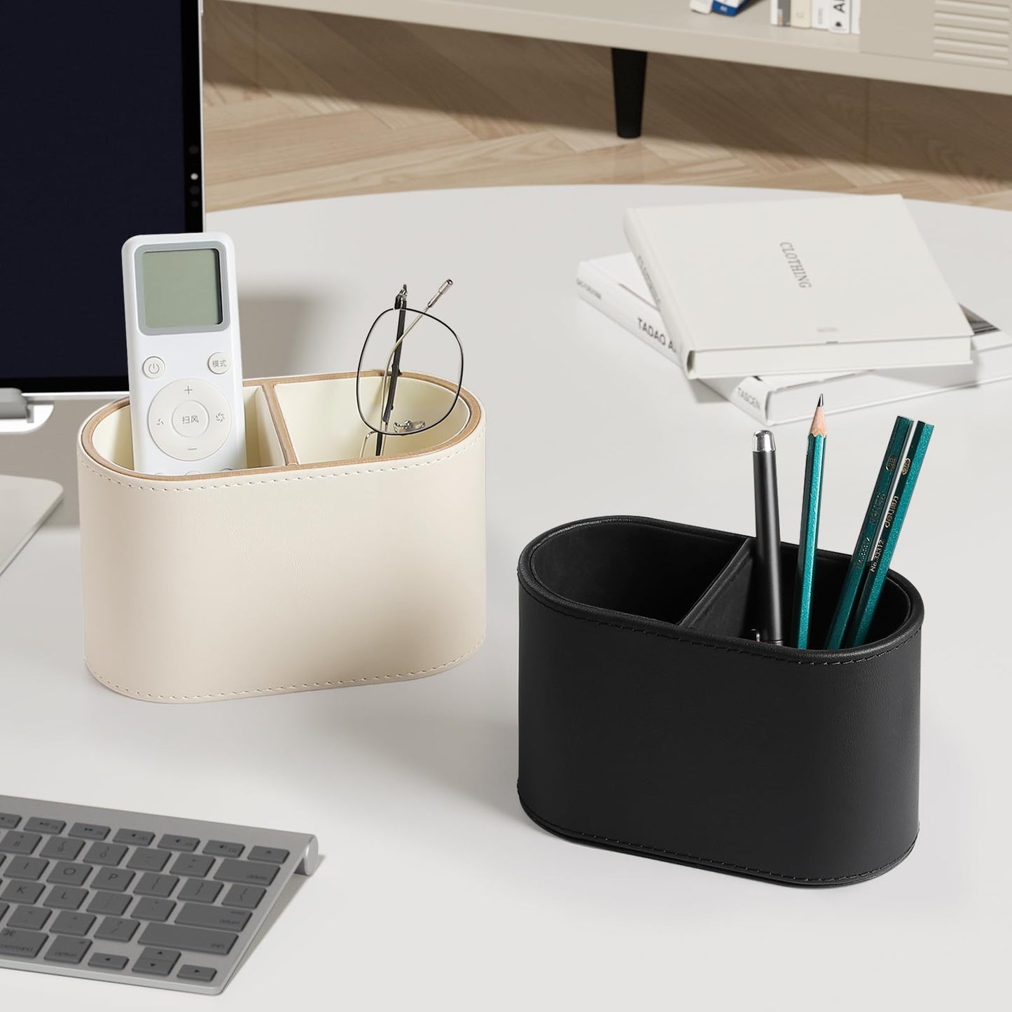 MEIBOOCH PU Leather Pen Holder for Desk, Small Remote Control Holder Pencil Cup Multifunctional Desktop Organizer Caddy for Home School Office Desk Accessories - 2 Compartments (Black)