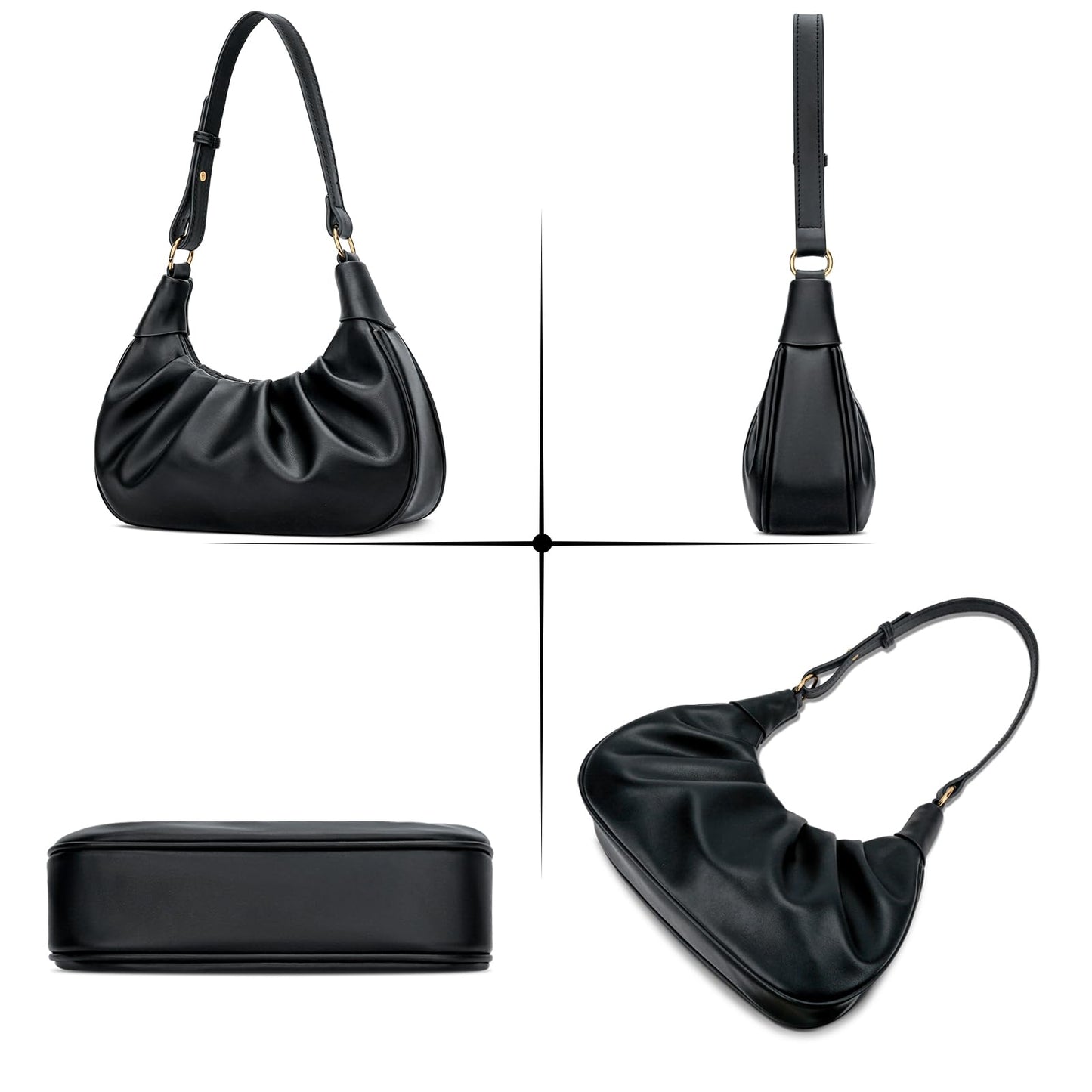 KKXIU Shoulder Bag Crescent Handbag Ruched Purse Underarm Bag Mini Hobo for Women, Detachable Gold Chain Crossbody Bag - Black