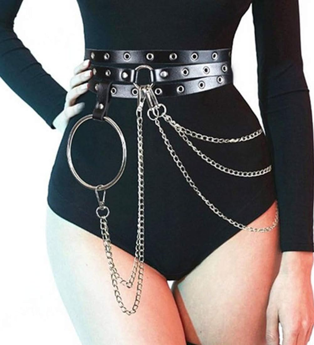HUI GUO Women's Gothic Body Chain Belt Leather Punk Waist Belt with O-ring Metal Chain Tassel Adjustable Buckles(Black3), One Size