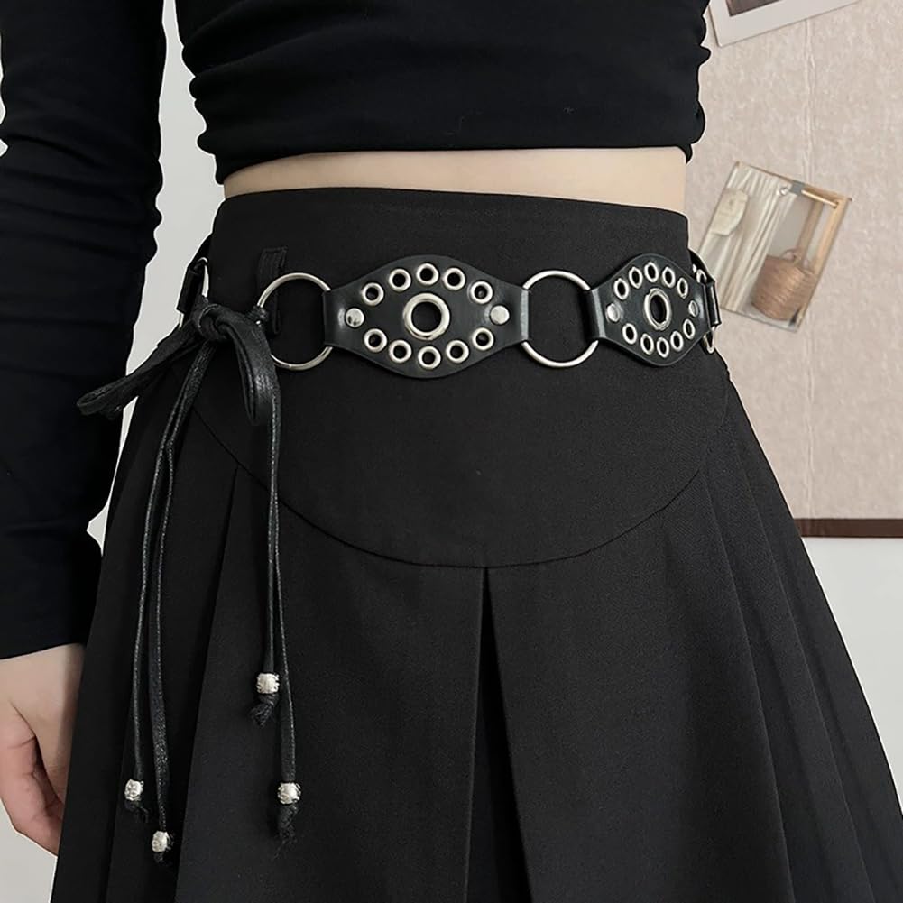 Buywis Women Knotted Waist Belt Punk Rivet Ring PU Leather Belts Bohemian Style Tassel Belt for Dresses Black Fit Waist 37"-46"