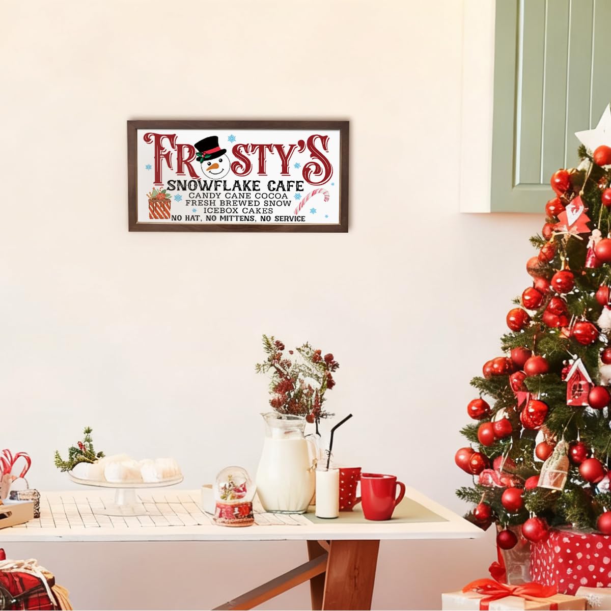 Christmas Decor Signs, Frosty's Snowflake Cafe Sign, Snowman Decor, Wall Decors Art, Winter Home Decoration, Coffee Station Decors, Cafe Decoration, Rustic Framed Wooden Plaque 15×7.5×0.3 inches