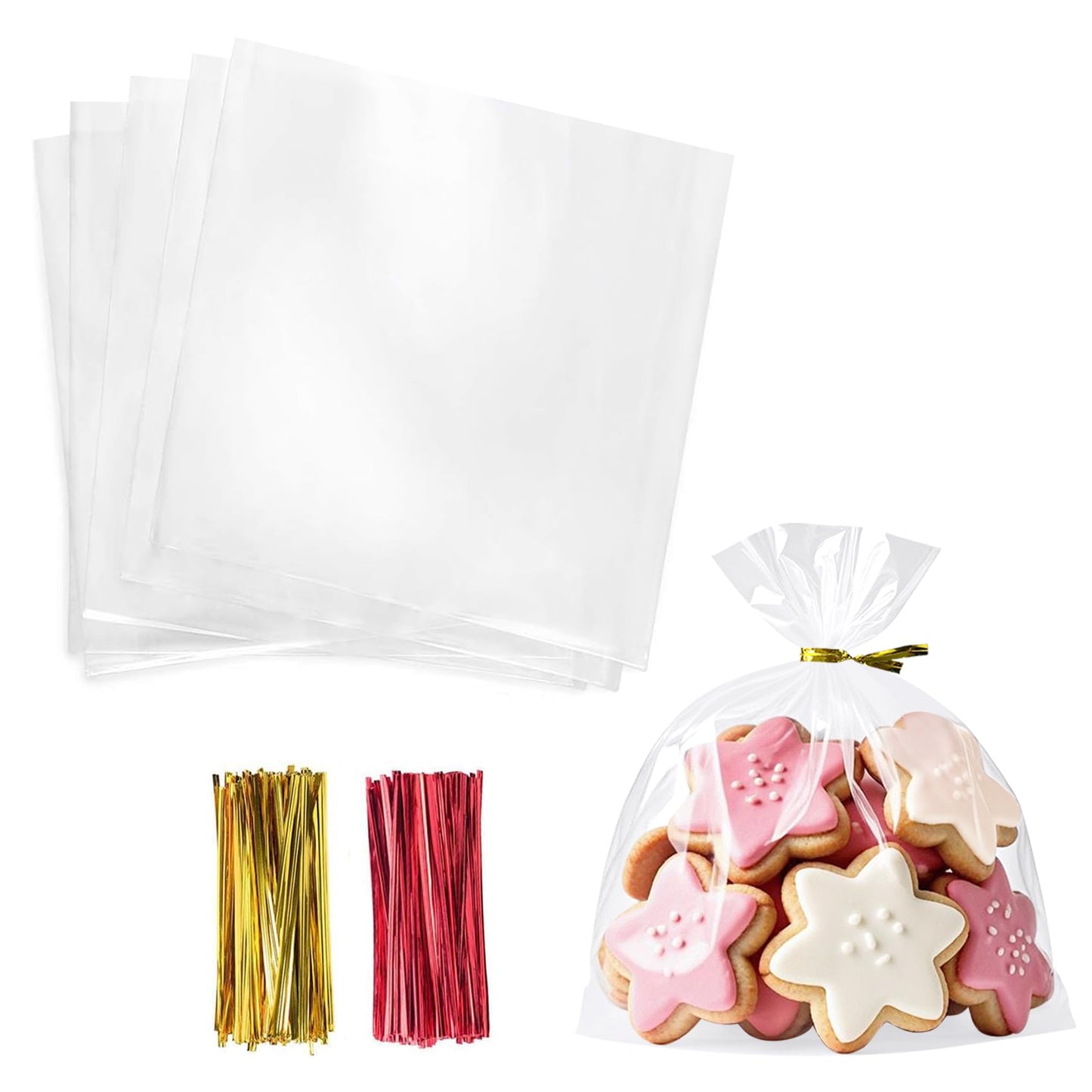 Morepack Cello Cellophane Treat Bags,200 PCS Clear Pastic Gift Bags with Twist Ties (7"x7")