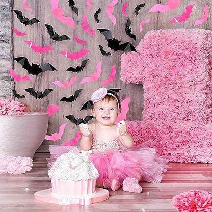 Whaline 224Pcs Halloween Wall Decoration 3D Bats with Foam Adhesive Black Pink Rose Red Waterproof Spooky Bats Stickers Hocus Pocus Party Supplies for Halloween Home Wall Window Door Decor, 4 Sizes