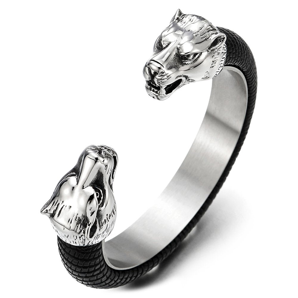 COOLSTEELANDBEYOND Mens Steel Wolf Head Open Cuff Bangle Bracelet Inlaid with Black Leather Elastic Adjustable