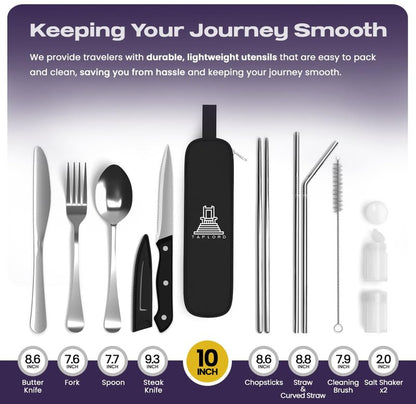 Taplord Portable Travel Silverware Set With Case, Includes 10 Pcs of Travel Utensils With Case, Stainless Steel Flatware Set For Camping, Lightweight (Silver)
