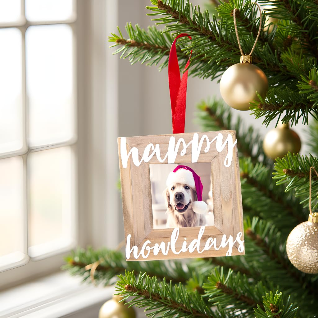 Pearhead Happy Howlidays Wooden Christmas Photo Ornament, Rustic Dog Picture Frame Christmas Tree Keepsake
