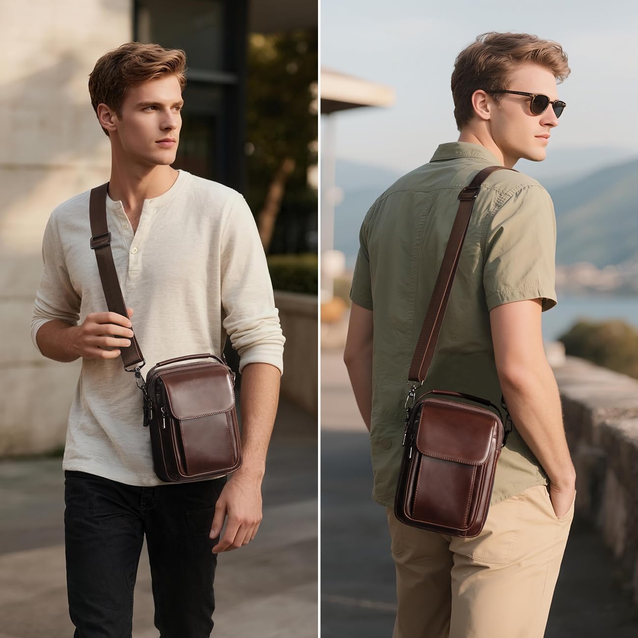 Augus Leather Small Messenger Bag For Men Crossbody Handbag Shoulder Sling Travel Bags for Men Purse Daypack Magnetic Buckle (Coffee)