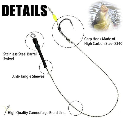 YOTO Carp Rig Set – 24Pcs High Carbon Steel Curved Barbed Hooks with Swivel, Hair Rig Design for Boilie Fishing, Braided Line Fishing Equipment, Size #6