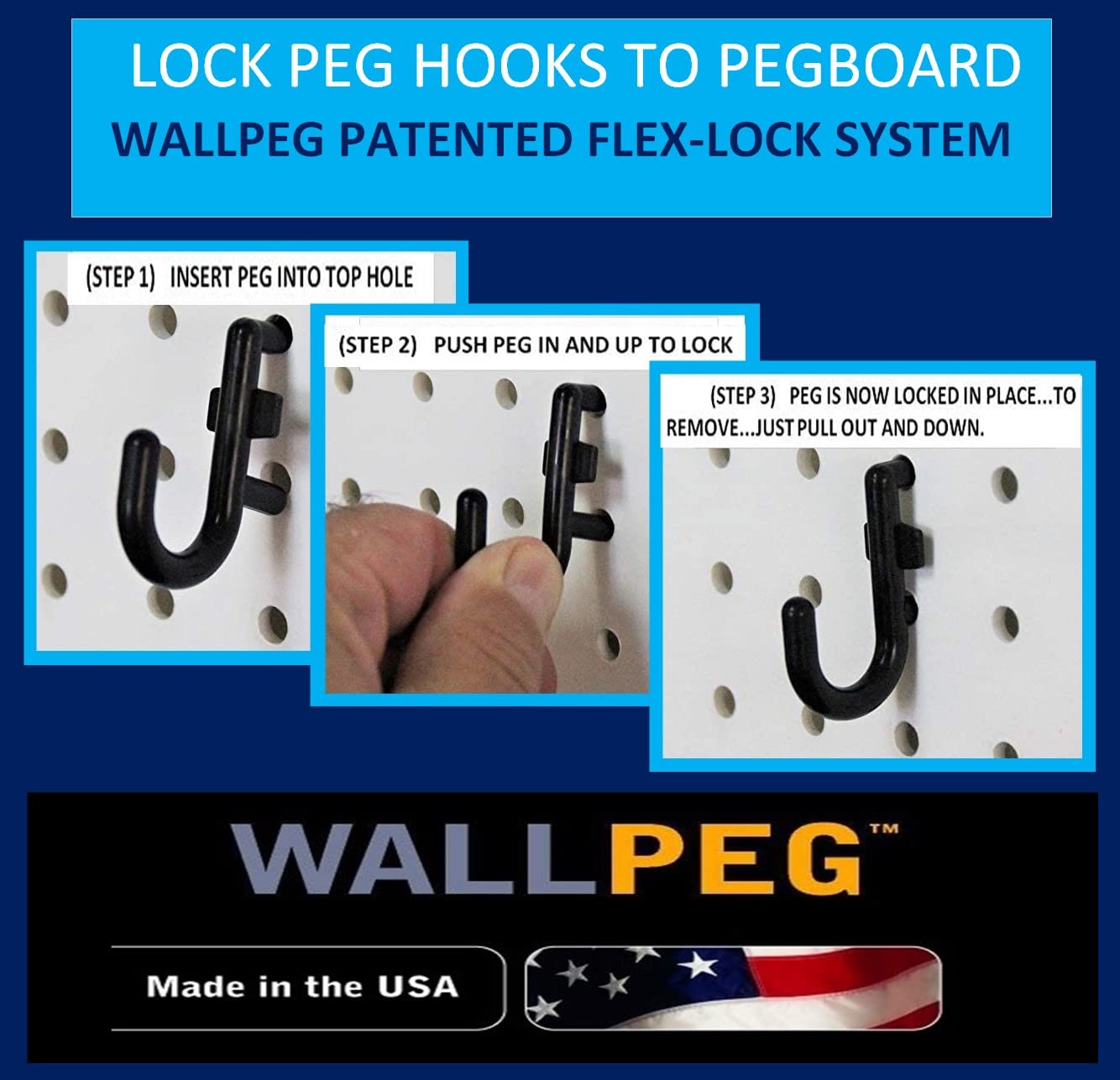 WallPeg 100Pcs Pegboard Accessory Peg Hook Set – Durable, Self-Locking Black 1/4" J-Style FlexLock Peg Hooks for Hanging Tools, Storage, and Wall Organization