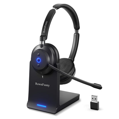 Wireless Headset with Mic for Work, Clear Sound ＆ Comfortable ＆ Stable Connection, Bluetooth Headphones with Microphone, Wireless Headset with Charging Base & USB Dongle for Office/Home/Call Center