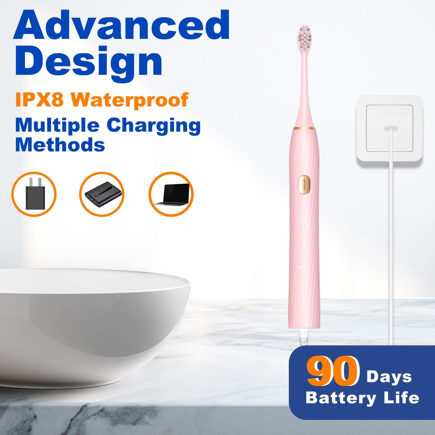 FXQQZZ Electric Toothbrush for Adults and Kids, with Tongue Scraper and Travel Case, 8 Brush Head, Smart Timer & 4 Modes Rechargeable Toothbrush, 42000 VPM Deep Clean, One Charge Last 90 Days - Black