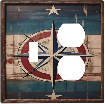 Decorative Art Light Switch Covers Nautical Rustic Star Emblem 2 Gang Single Toggle Duplex Combination Electrical Faceplate Switchplate Wall Plate for Home Decor